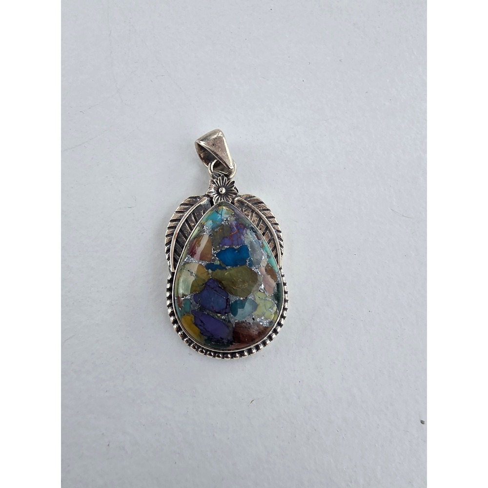 Sterling Silver Multi Color Mosaic Teardrop Pendant Artisan Leaf Floral Design